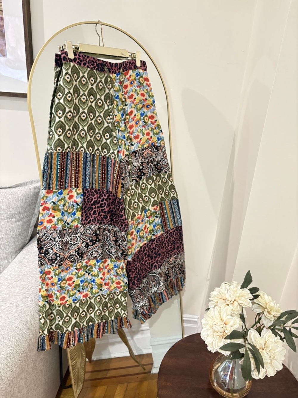 POL Patchwork Maxi Skirt in Olive, Burgundy and Multi